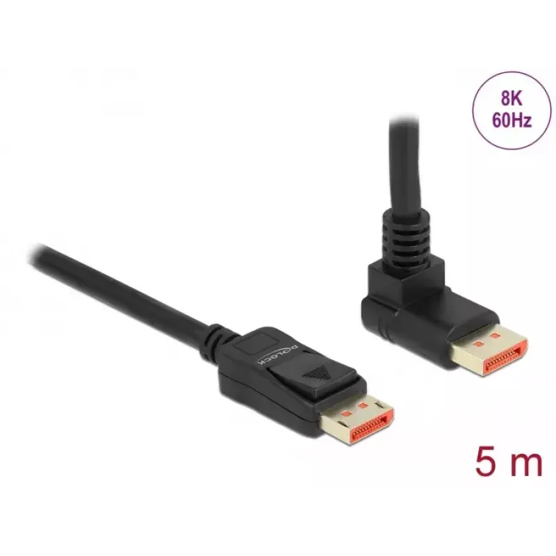 DisplayPort kábel DeLOCK 87057 8K 60Hz 5m konektor samec na konektor samec 90° zahnutý