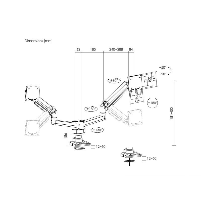 Equip 17-35 palcov Heavy-Duty dvojitý držiak monitora na stôl, čierny
