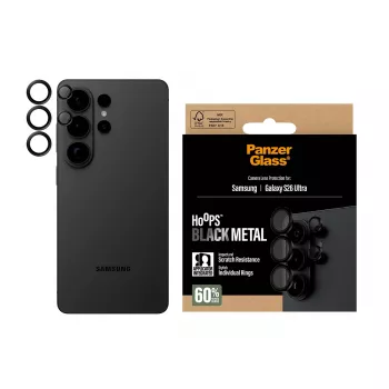 Ochrana objektívu kamery PanzerGlass Hoops pre Samsung Galaxy S26 Ultra — tvrdené sklo, silikón, čierna
