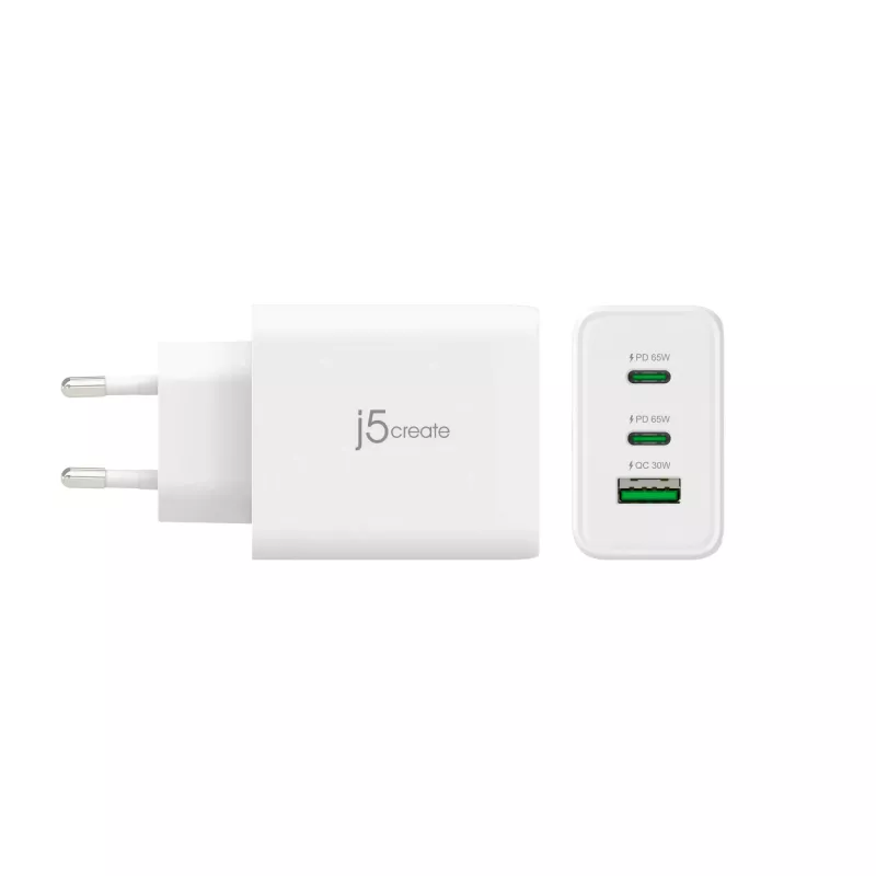 j5create JUP3365E-EN 65W GaN USB-C® 3-portová nabíjačka, interiérová, AC, biela