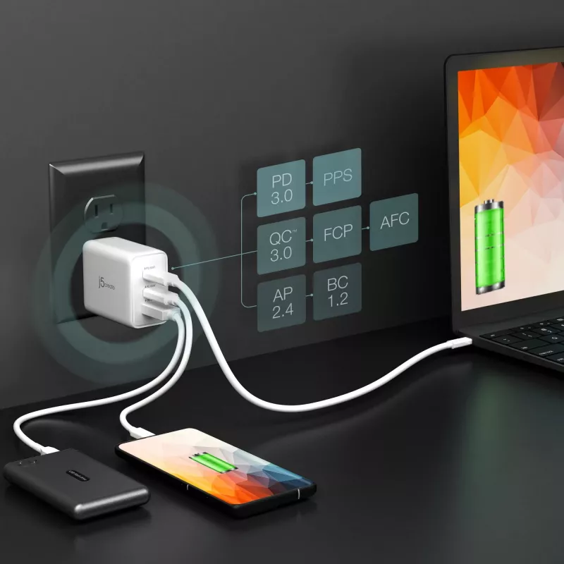 j5create JUP3365E-EN 65W GaN USB-C® 3-portová nabíjačka, interiérová, AC, biela