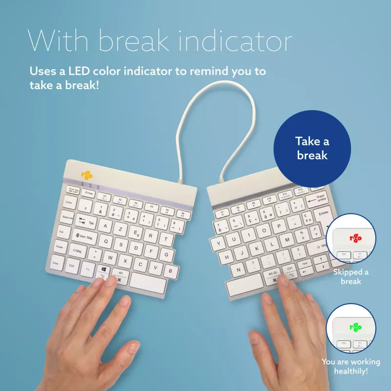 R-Go Tools ergonomická klávesnica R-Go Split Break so softvérom na prestávky, ergonomická delená klávesnica, AZERTY (FR), Bluetooth, biela