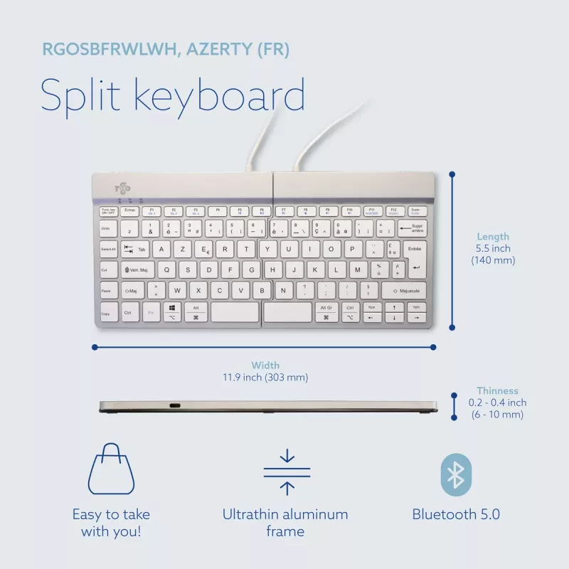R-Go Tools ergonomická klávesnica R-Go Split Break so softvérom na prestávky, ergonomická delená klávesnica, AZERTY (FR), Bluetooth, biela