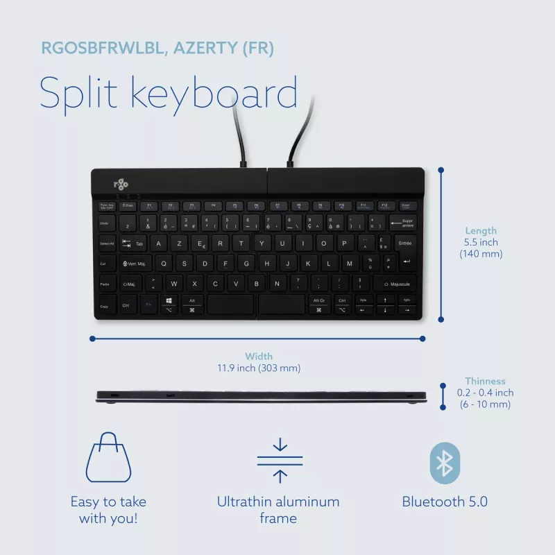 R-Go Tools ergonomická klávesnica R-Go Split Break so softvérom na prestávky, ergonomická delená klávesnica, AZERTY (FR), Bluetooth, čierna
