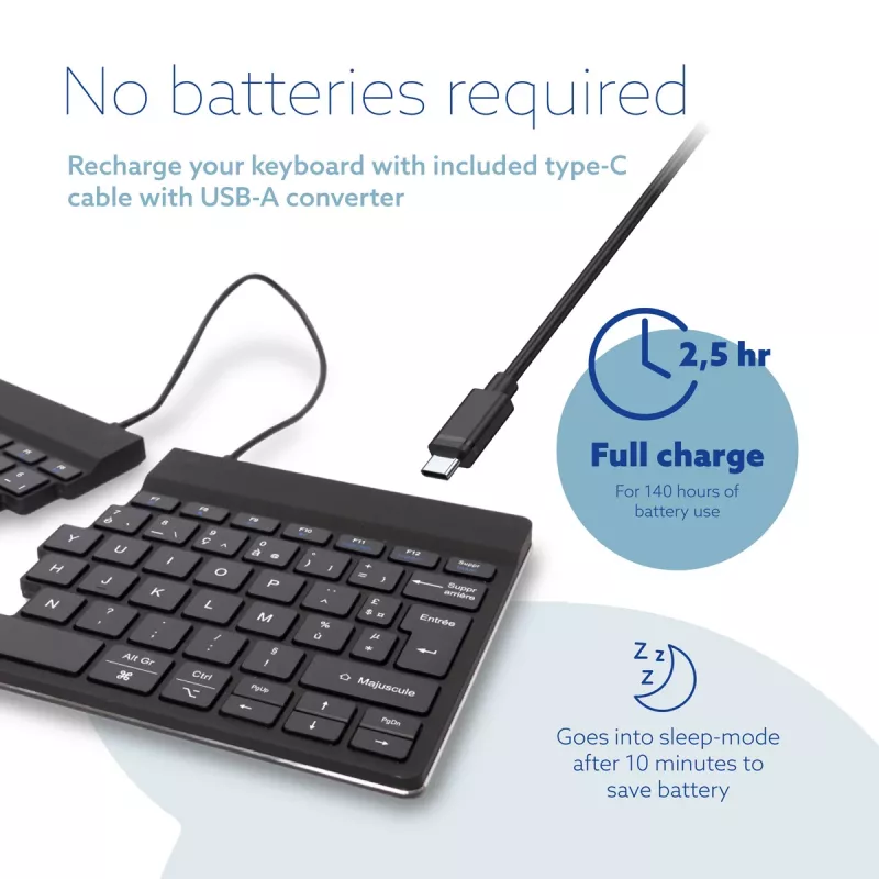 R-Go Tools ergonomická klávesnica R-Go Split Break so softvérom na prestávky, ergonomická delená klávesnica, AZERTY (FR), Bluetooth, čierna