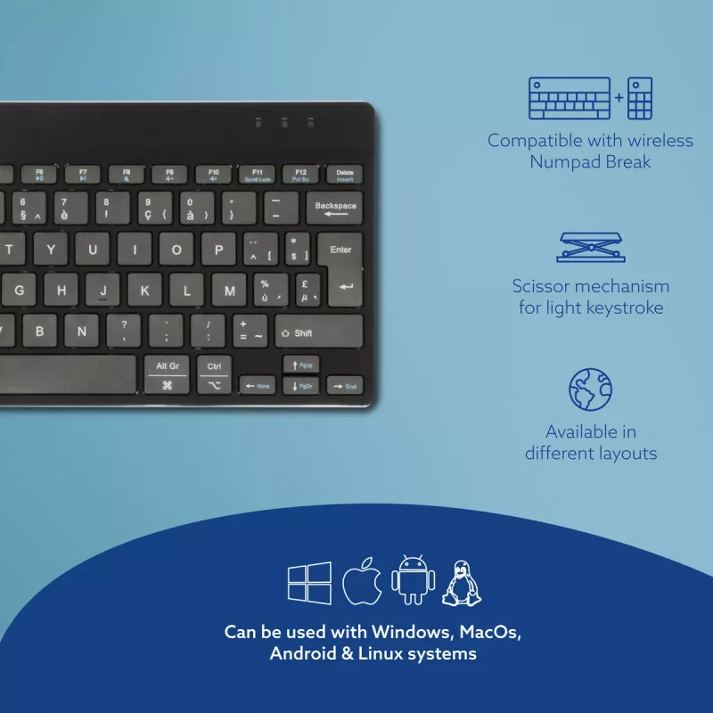R-Go Tools ergonomická klávesnica R-Go Compact Break, kompaktná klávesnica so softvérom na prestávky, AZERTY (BE), Bluetooth, čierna