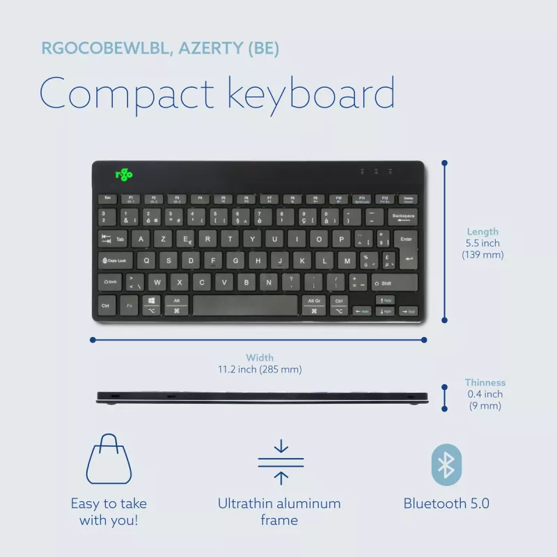 R-Go Tools ergonomická klávesnica R-Go Compact Break, kompaktná klávesnica so softvérom na prestávky, AZERTY (BE), Bluetooth, čierna
