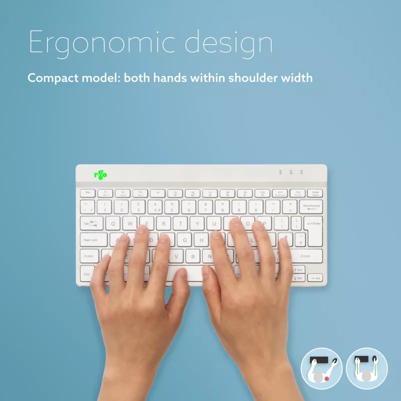 R-Go Tools ergonomická klávesnica R-Go Compact Break, kompaktná klávesnica so softvérom na prestávky, AZERTY (BE), Bluetooth, biela