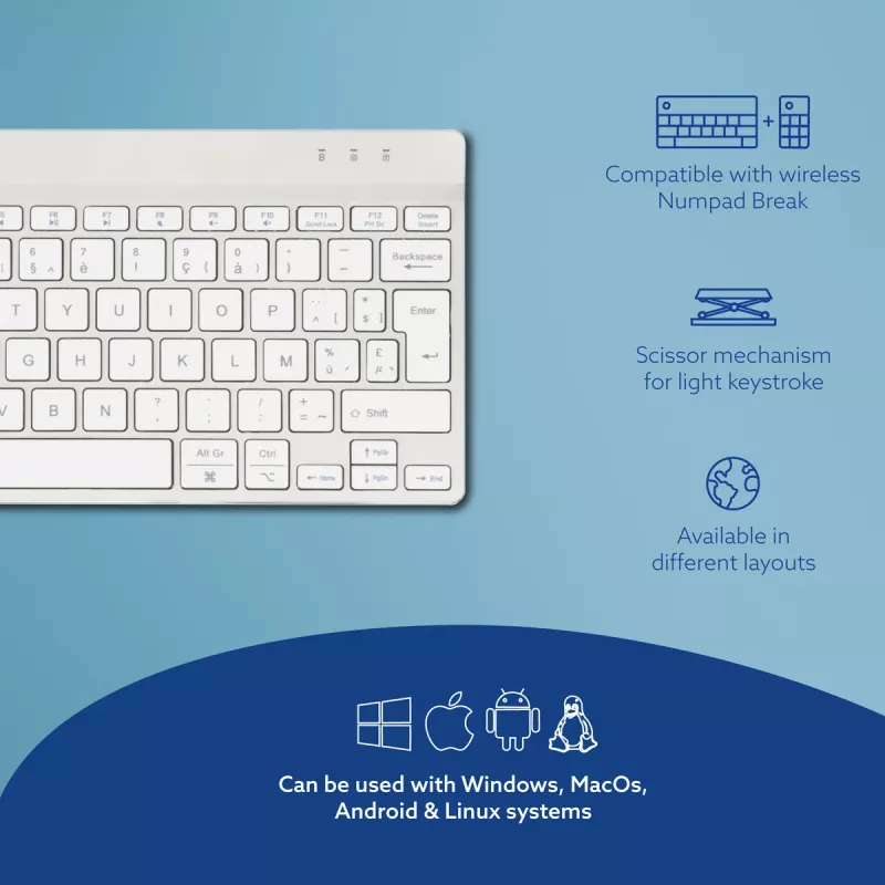 R-Go Tools ergonomická klávesnica R-Go Compact Break, kompaktná klávesnica so softvérom na prestávky, AZERTY (BE), Bluetooth, biela