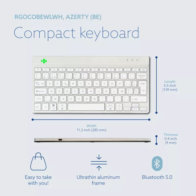 R-Go Tools ergonomická klávesnica R-Go Compact Break, kompaktná klávesnica so softvérom na prestávky, AZERTY (BE), Bluetooth, biela