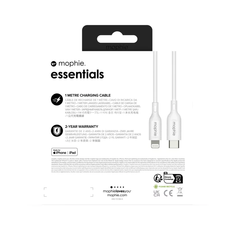 mophie essentials Lightning na USB-C | nabíjací kábel (1M) biela