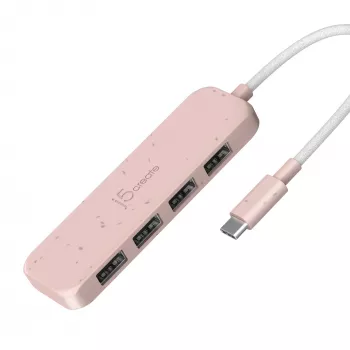USB-C na 4-portový USB-A Gen 2 hub j5create — 10 Gbit/s, USB 3.2, ružová, recyklovaný ABS plast, 100×27×19 mm