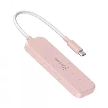 USB-C na 4-portový USB-A Gen 2 hub j5create — 10 Gbit/s, USB 3.2, ružová, recyklovaný ABS plast, 100×27×19 mm