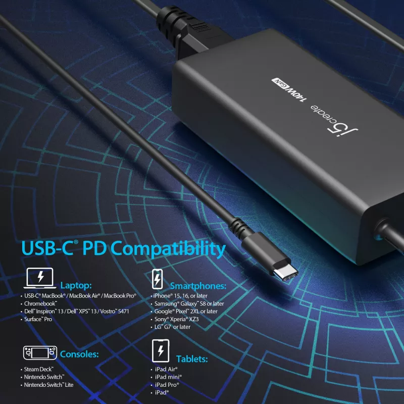 j5create JUP17140-EN 140 W GaN USB-C nabíjačka, PD 3.1, EU