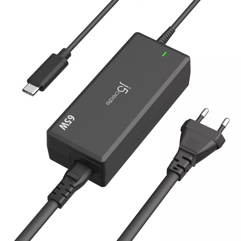 USB-C PD napájací adaptér j5create JUP1265 — 65W, interiérový, čierny, plast, 118×32×50 mm (EU)