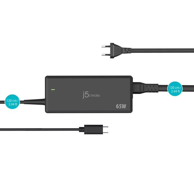 USB-C PD napájací adaptér j5create JUP1265 — 65W, interiérový, čierny, plast, 118×32×50 mm (EU)