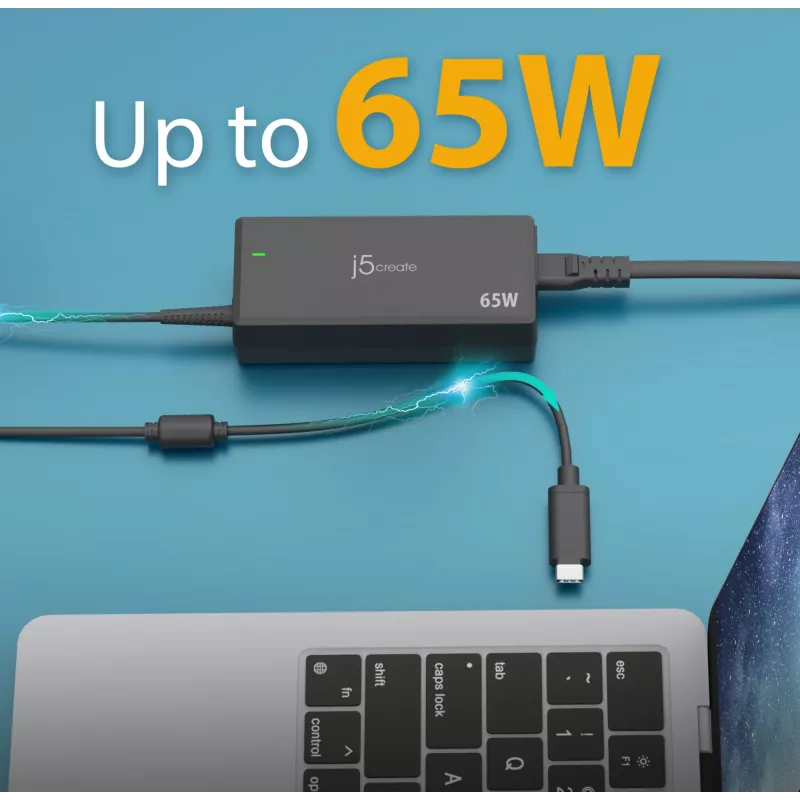 USB-C PD napájací adaptér j5create JUP1265 — 65W, interiérový, čierny, plast, 118×32×50 mm (EU)
