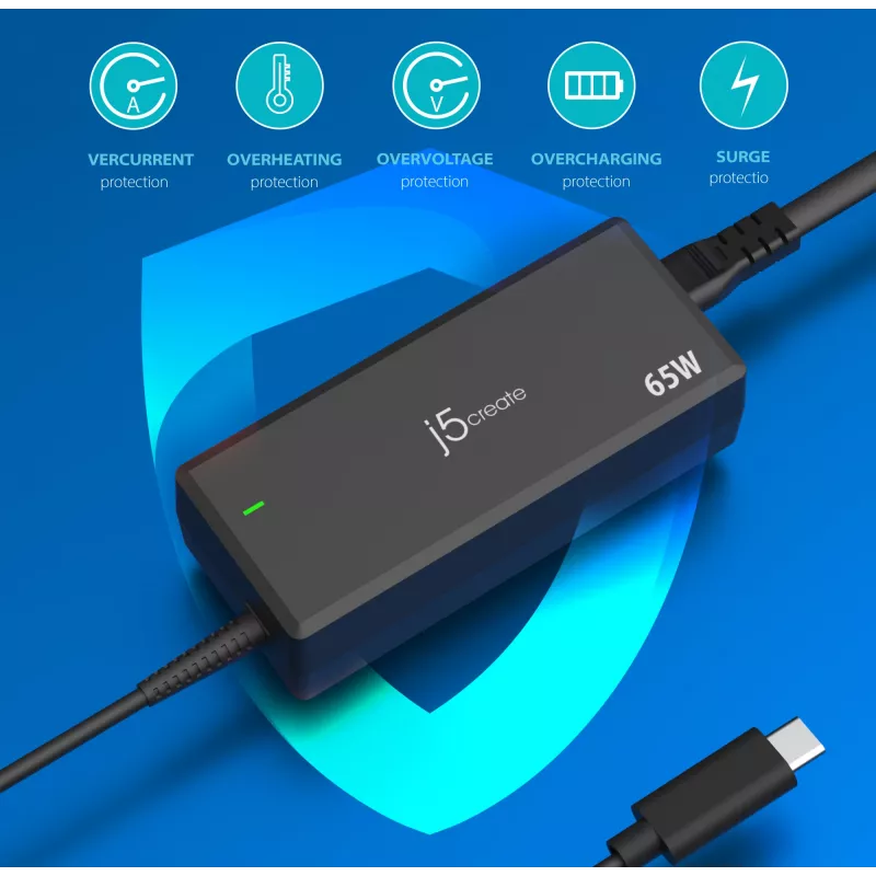 USB-C PD napájací adaptér j5create JUP1265 — 65W, interiérový, čierny, plast, 118×32×50 mm (EU)