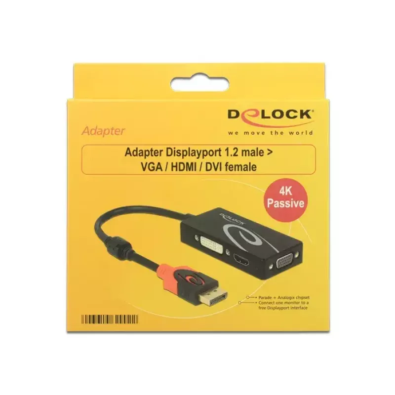 Delock 62902 adaptér DisplayPort 1.2 na VGA / HDMI / DVI, 4K, pasívny, čierny