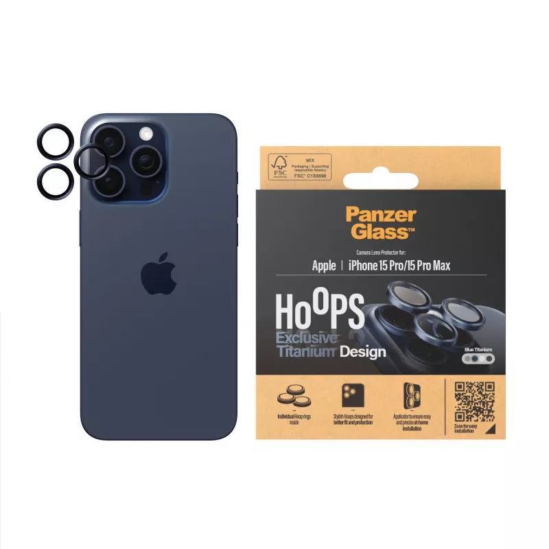PanzerGlass Hoops ochrana kamery iPhone 15 Pro 15 Pro Max modrá titánium odolná proti poškriabaniu nárazuvzdorná
