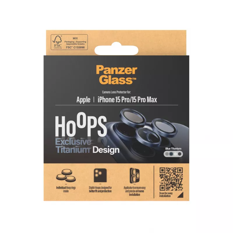 PanzerGlass Hoops ochrana kamery iPhone 15 Pro 15 Pro Max modrá titánium odolná proti poškriabaniu nárazuvzdorná