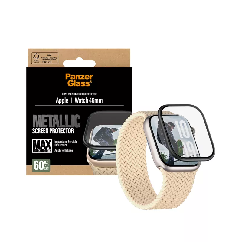 PanzerGlass ochrana displeja s čiernym kovovým rámom pre Apple Watch, model PG56329