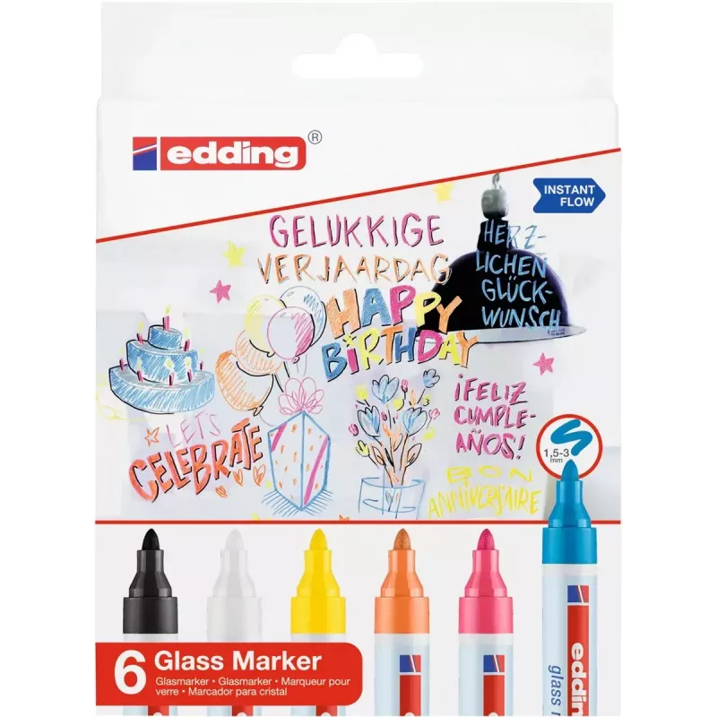 Sklený marker Edding 95 6 ks guľatý hrot čierna modrá oranžová ružová biela žltá