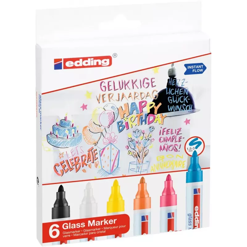 Sklený marker Edding 95 6 ks guľatý hrot čierna modrá oranžová ružová biela žltá