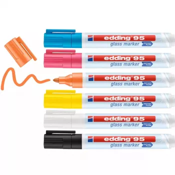 Sklený marker Edding 95 6 ks guľatý hrot čierna modrá oranžová ružová biela žltá