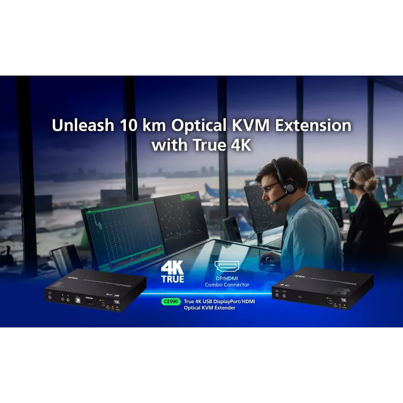 ATEN True 4K DP/HDMI optický KVM 10km, vysielač a prijímač, káblový, 10000 m, 4096 x 2160 pixelov, čierna, kov