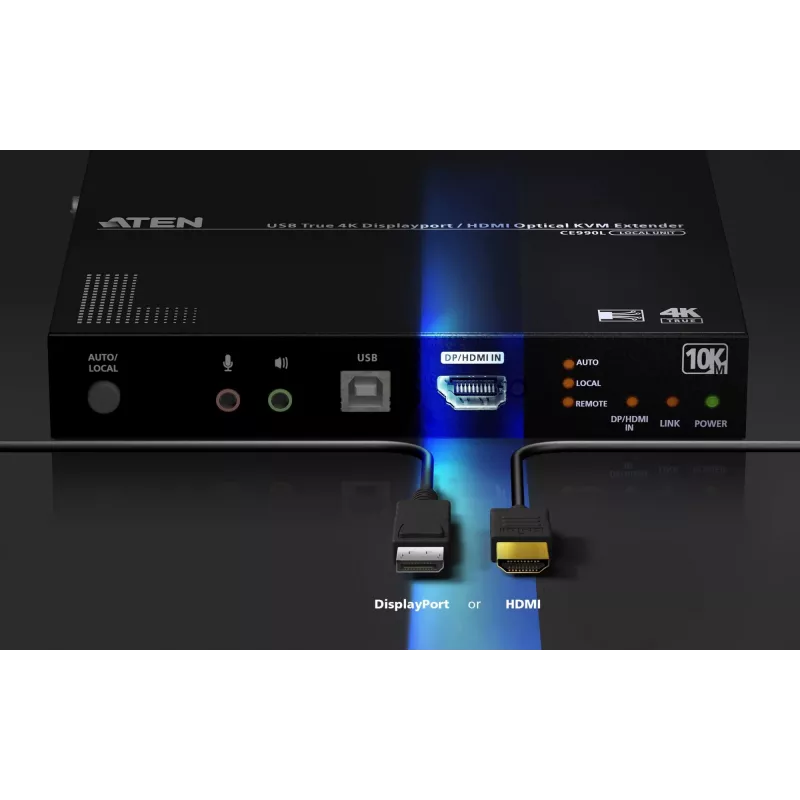 ATEN True 4K DP/HDMI optický KVM 10km, vysielač a prijímač, káblový, 10000 m, 4096 x 2160 pixelov, čierna, kov