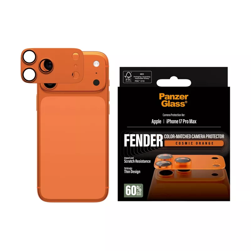 Ochrana kamery PanzerGlass Fender pre iPhone 17 Pro Max, silikón, Cosmic Orange, odolná proti poškriabaniu a nárazom