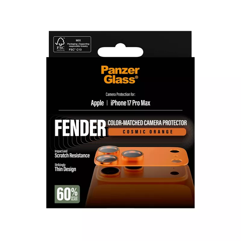 Ochrana kamery PanzerGlass Fender pre iPhone 17 Pro Max, silikón, Cosmic Orange, odolná proti poškriabaniu a nárazom