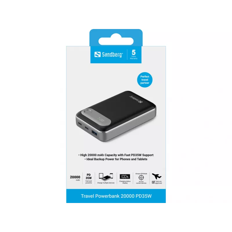 Sandberg Travel Powerbank 20000 PD35W, 20000 mAh, Lithium-Polymer (LiPo), 3.7 V, čierna, strieborná