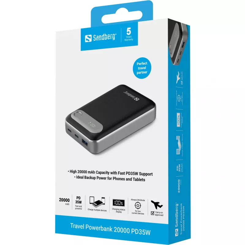 Sandberg Travel Powerbank 20000 PD35W, 20000 mAh, Lithium-Polymer (LiPo), 3.7 V, čierna, strieborná