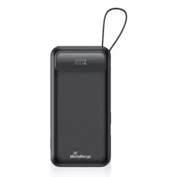 Powerbank MediaRange MRMA753 10.000 mAh LiPo s integrovanými káblami, LC displej, USB-C PD & Quick Charge, čierna