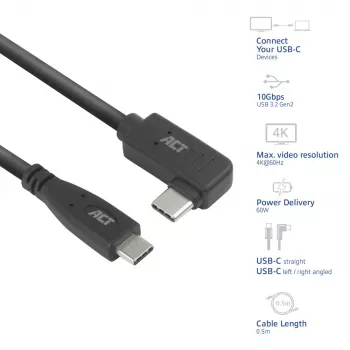 ACT USB 3.0 10Gbps 60W kábel USB Type-C (rovný) na USB Type-C (ľavý/pravý zahnutý), 3 metre