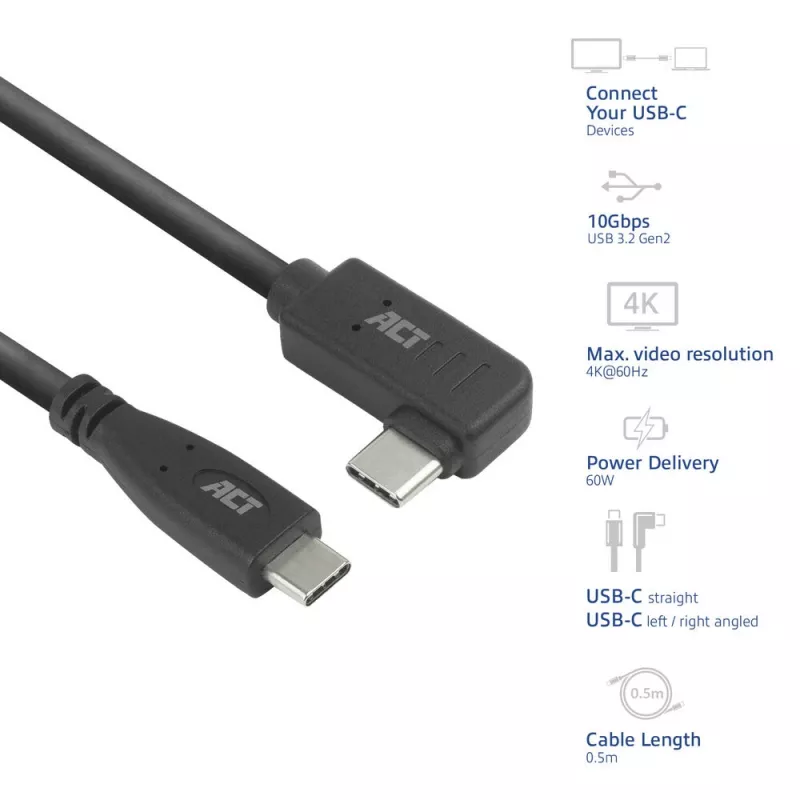 ACT USB 3.0 10Gbps 60W kábel USB Type-C (rovný) na USB Type-C (ľavý/pravý zahnutý), 3 metre
