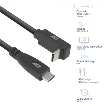 ACT USB 3.0 10 Gbit/s 60 W kábel USB Type-C (rovný) na USB Type-C (horný/dolný zahnutý), 0,5 metra
