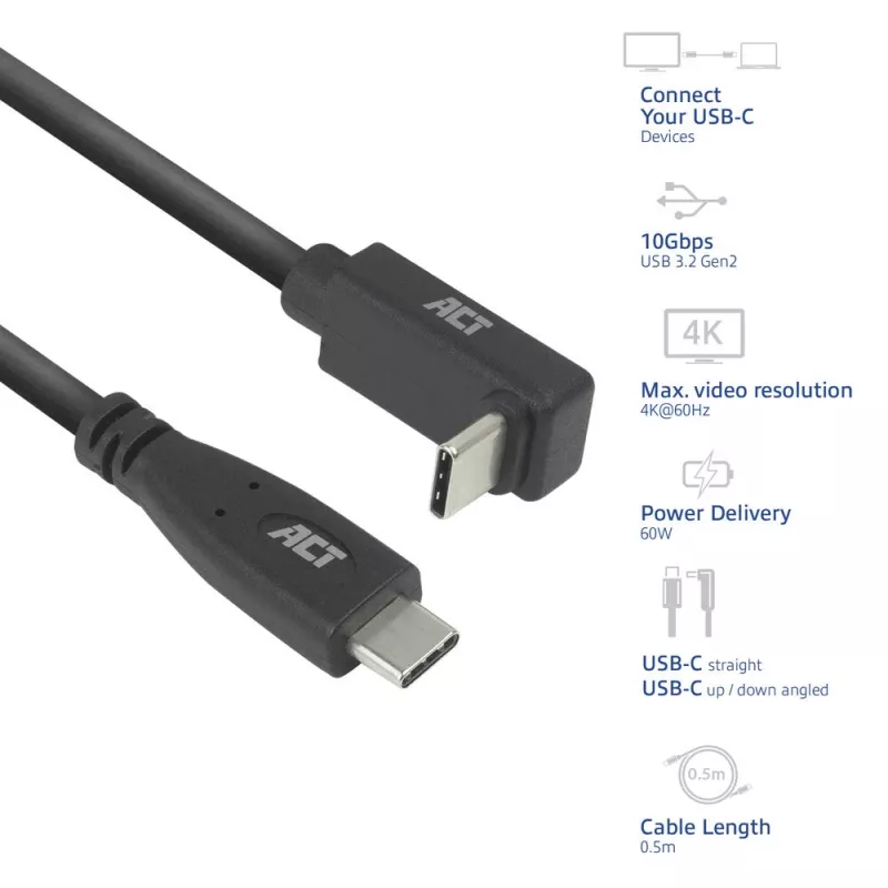 ACT USB 3.0 10Gbps 60W kábel USB Type-C (rovný) na USB Type-C (horný/dolný zahnutý), 1 meter