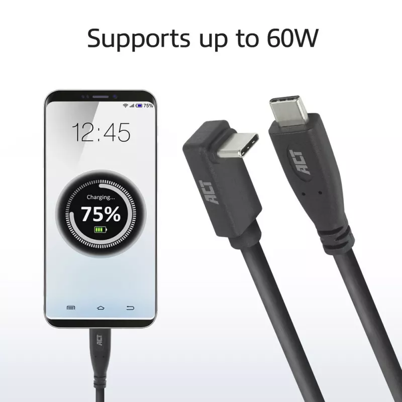 ACT USB 3.0 10Gbps 60W kábel USB Type-C (rovný) na USB Type-C (horný/dolný zahnutý), 1 meter