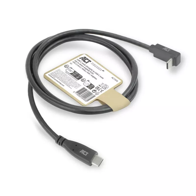 ACT USB 3.0 10Gbps 60W kábel USB Type-C (rovný) na USB Type-C (horný/dolný zahnutý), 2 metre
