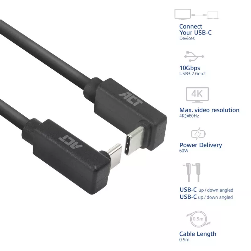 ACT USB 3.0 10Gbps 60W kábel USB Type-C (horný/dolný zahnutý) na USB Type-C (horný/dolný zahnutý), 0,5 metra