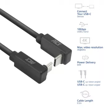 ACT USB 3.0 10Gbps 60W kábel USB Type-C (horný/dolný zahnutý) na USB Type-C (horný/dolný zahnutý), 2 metre