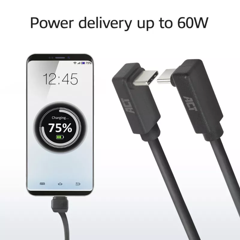 ACT USB 3.0 10Gbps 60W kábel USB Type-C (horný/dolný zahnutý) na USB Type-C (horný/dolný zahnutý), 2 metre