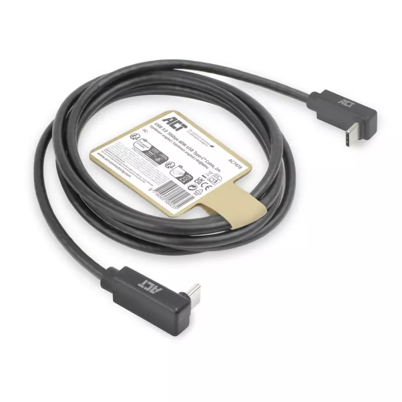 ACT USB 3.0 10Gbps 60W kábel USB Type-C (horný/dolný zahnutý) na USB Type-C (horný/dolný zahnutý), 2 metre