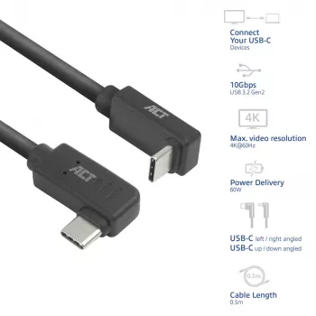 ACT USB 3.0 10 Gbit/s 60 W kábel USB Type-C (ľavý/pravý zahnutý) na USB Type-C (horný/dolný zahnutý), 0,5 metra