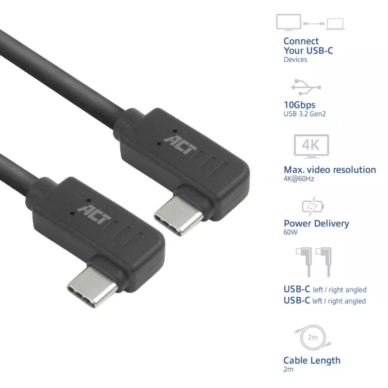 ACT USB 3.0 10Gbps 60W kábel USB Type-C (ľavý/pravý zahnutý) na USB Type-C (ľavý/pravý zahnutý), 0,5 metra