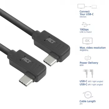 ACT USB 3.0 10Gbps 60W kábel USB Type-C® (ľavý/pravý zahnutý) na USB Type-C® (ľavý/pravý zahnutý), 2 metre