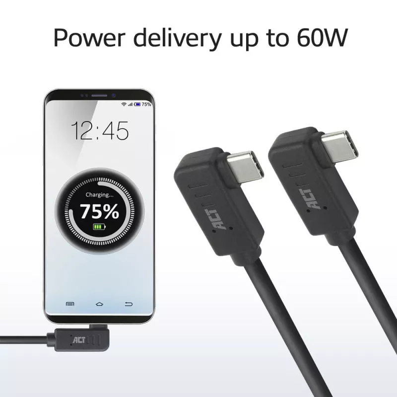 ACT USB 3.0 10Gbps 60W kábel USB Type-C® (ľavý/pravý zahnutý) na USB Type-C® (ľavý/pravý zahnutý), 2 metre